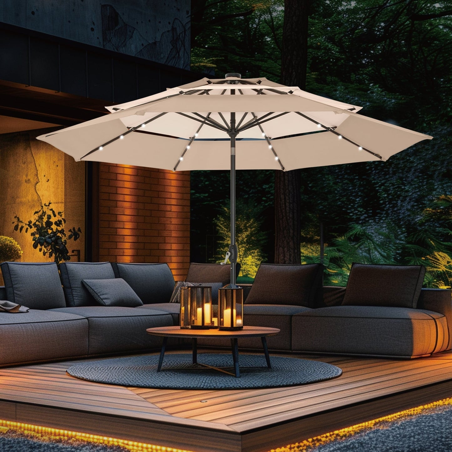 MAISON ARTS Parasol de terrasse extérieur à 3 niveaux, inclinable automatiquement, de 3 mètres, à double ventilation, avec lumières LED.