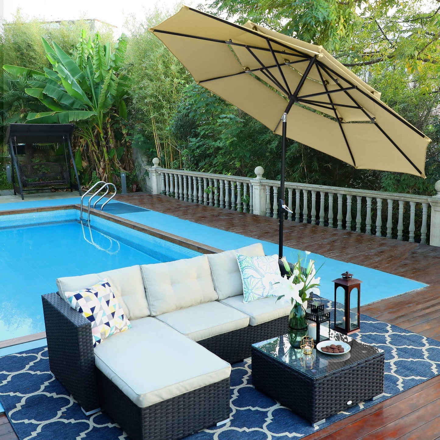 MAISON ARTS Parasol de terrasse extérieur à 3 niveaux, inclinable automatiquement, de 3 mètres, à double ventilation, avec lumières LED.
