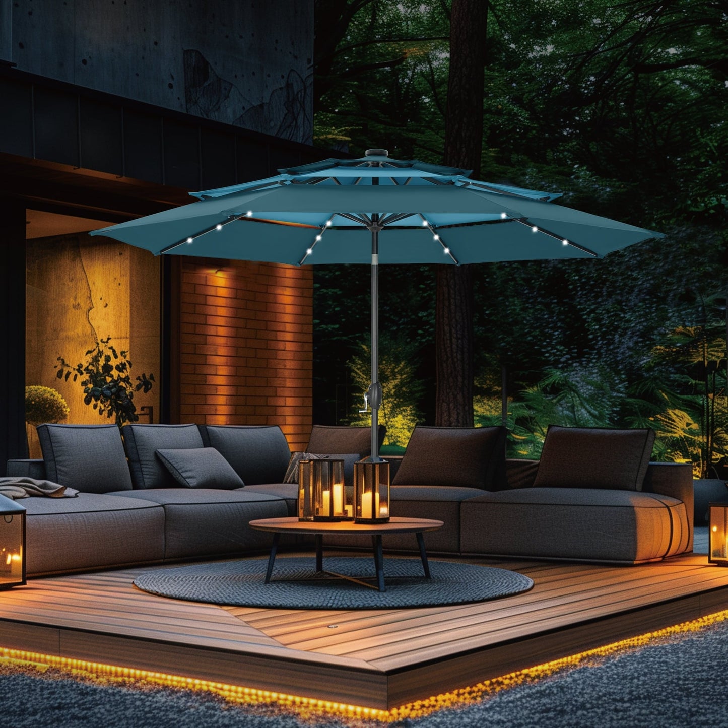 MAISON ARTS Parasol de terrasse extérieur à 3 niveaux, inclinable automatiquement, de 3 mètres, à double ventilation, avec lumières LED.