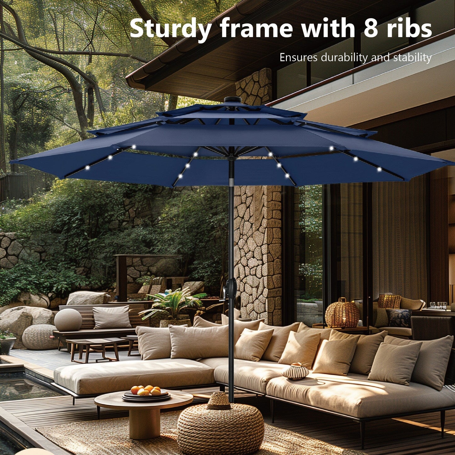 MAISON ARTS Parasol de terrasse extérieur à 3 niveaux, inclinable automatiquement, de 3 mètres, à double ventilation, avec lumières LED.