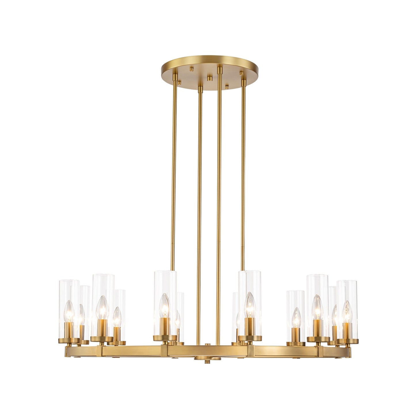 Grand lustre à 12 lumières, style cylindrique moderne du milieu du siècle, en verre transparent, forme de roue de chariot, doré/noir.
