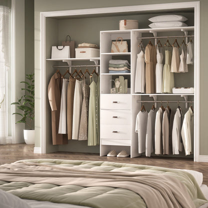 Rackcog Organisateur de placard réglable de 305 cm avec tiroirs, système de rangement avec étagères à assembler soi-même pour placard à l'italienne et placard à porte coulissante.