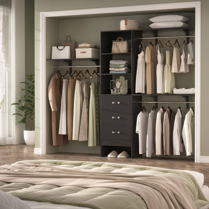 Rackcog Organisateur de placard réglable de 305 cm avec tiroirs, système de rangement avec étagères à assembler soi-même pour placard à l'italienne et placard à porte coulissante.