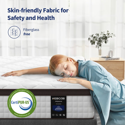 Matelas de 35 cm d'épaisseur, matelas hybride en mousse à mémoire de forme et ressorts ensachés, matelas de fermeté moyenne, tailles Queen et King disponibles en option.