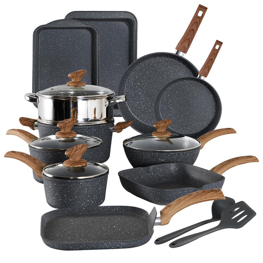 Ensemble de 17 pièces de casseroles et poêles en granit pour cuisine, ensemble de cuisson antiadhésif