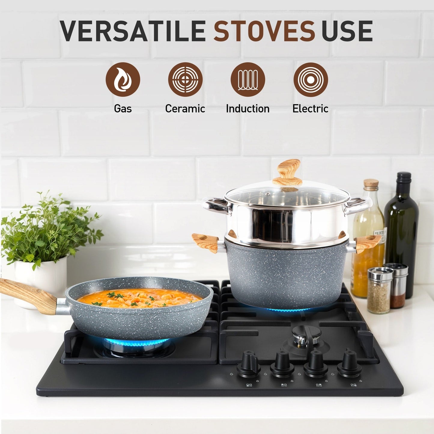 Ensemble de 17 pièces de casseroles et poêles en granit pour cuisine, ensemble de cuisson antiadhésif