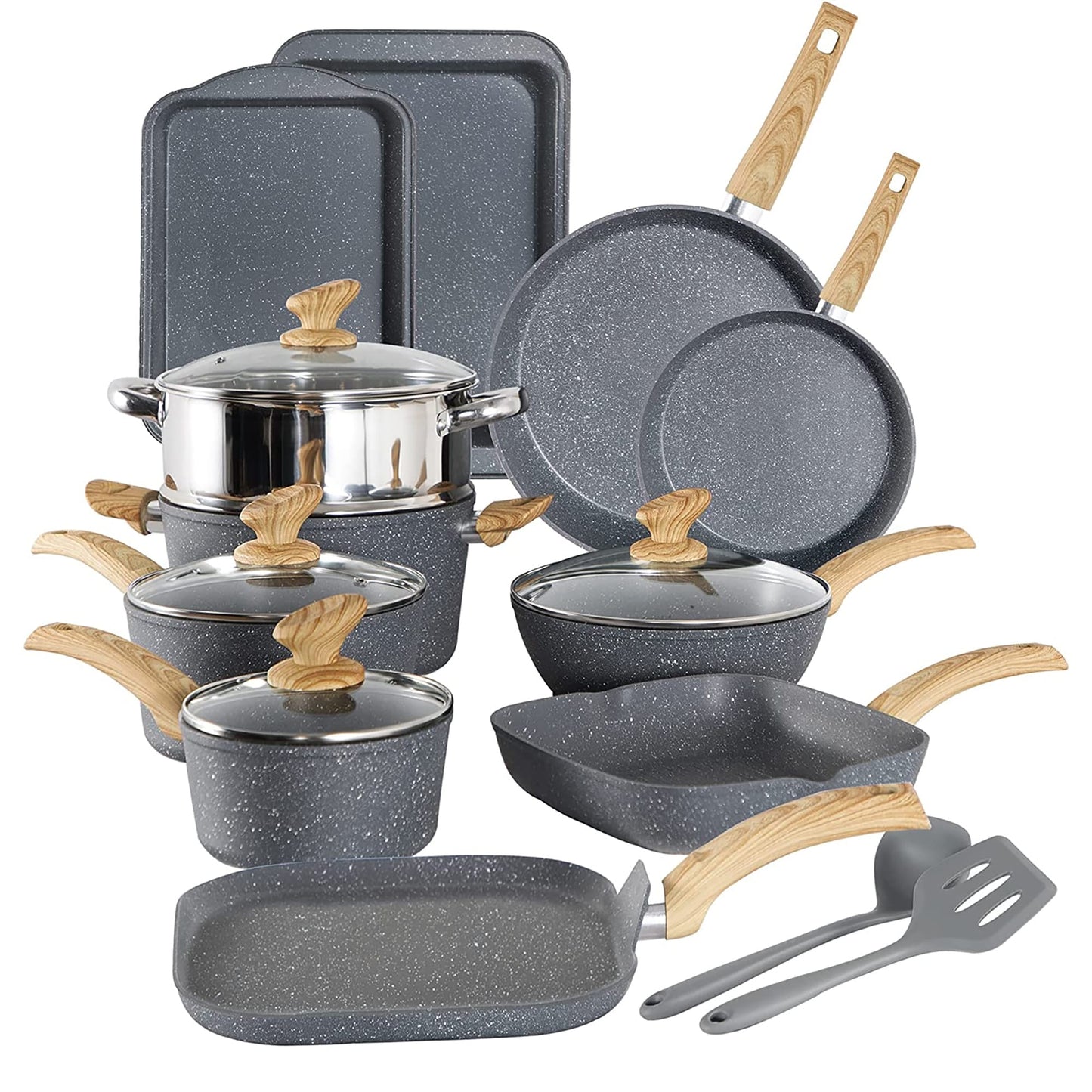 Ensemble de 17 pièces de casseroles et poêles en granit pour cuisine, ensemble de cuisson antiadhésif