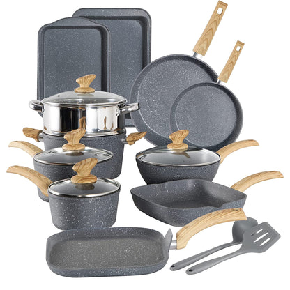Ensemble de 17 pièces de casseroles et poêles en granit pour cuisine, ensemble de cuisson antiadhésif