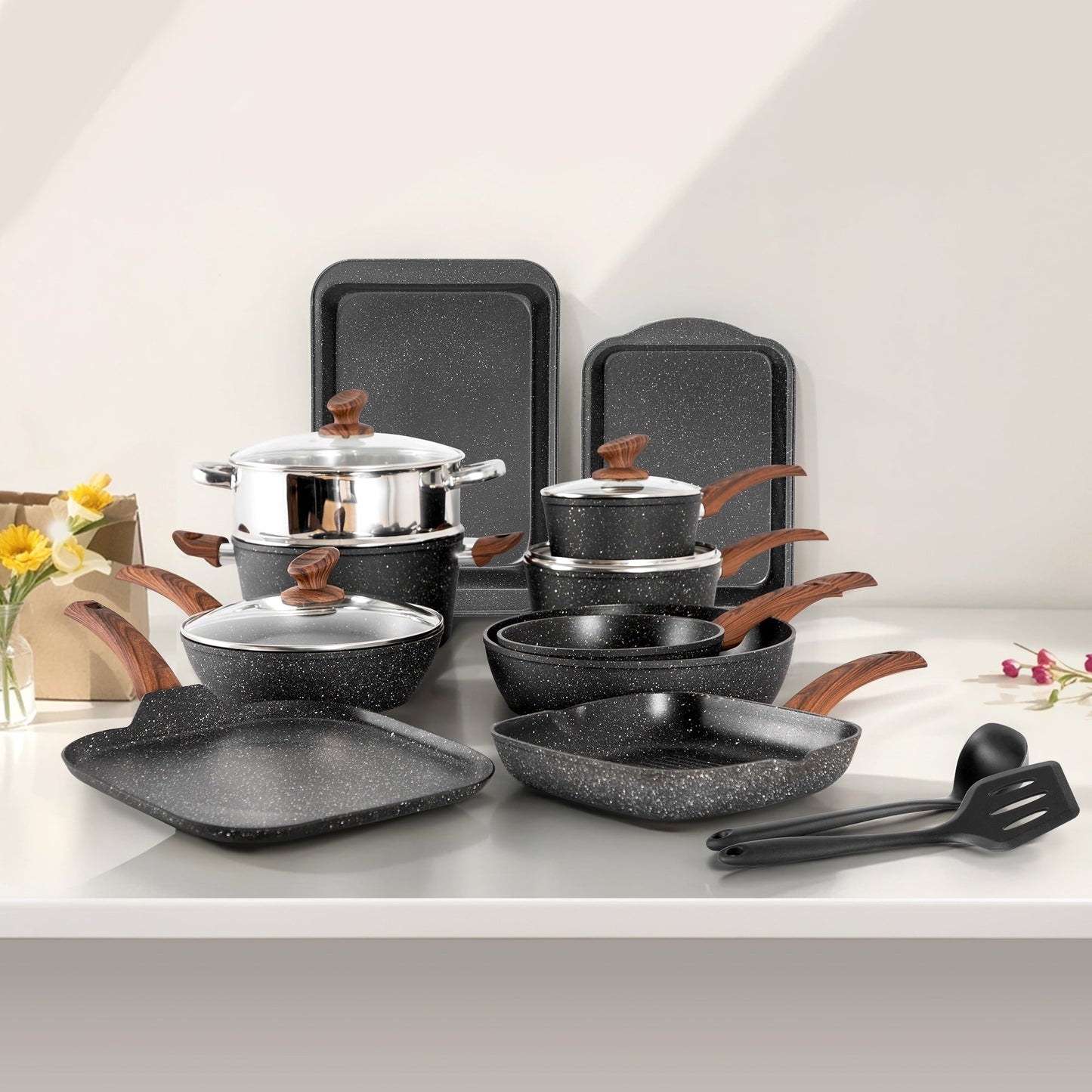 Ensemble de 17 pièces de casseroles et poêles en granit pour cuisine, ensemble de cuisson antiadhésif