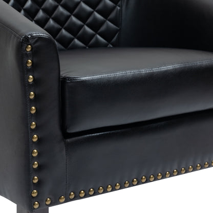 2 chaises d'appoint en cuir végétalien en forme de tonneau, 73,5 cm de large, avec garniture à clous.