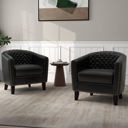 2 chaises d'appoint en cuir végétalien en forme de tonneau, 73,5 cm de large, avec garniture à clous.
