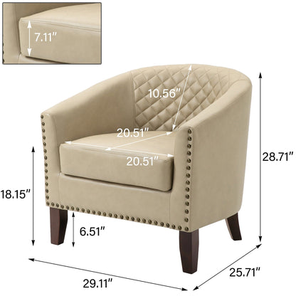 2 chaises d'appoint en cuir végétalien en forme de tonneau, 73,5 cm de large, avec garniture à clous.
