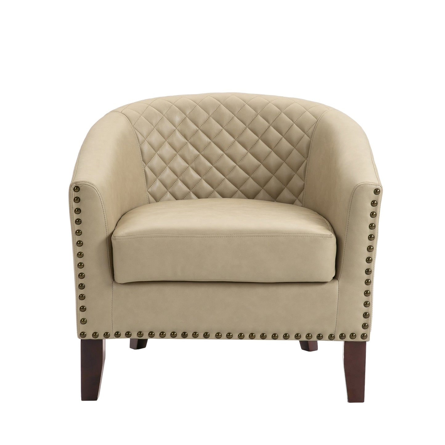 2 chaises d'appoint en cuir végétalien en forme de tonneau, 73,5 cm de large, avec garniture à clous.