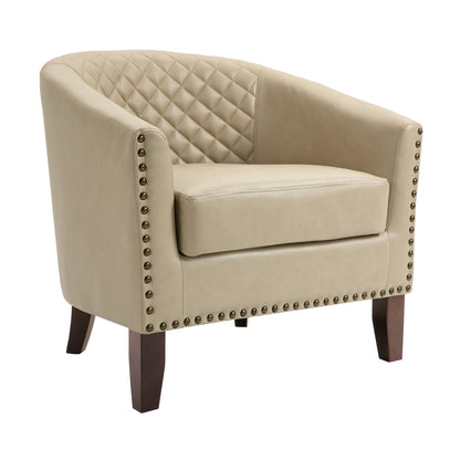 2 chaises d'appoint en cuir végétalien en forme de tonneau, 73,5 cm de large, avec garniture à clous.