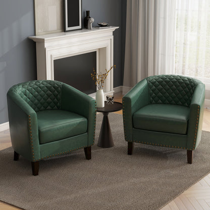 2 chaises d'appoint en cuir végétalien en forme de tonneau, 73,5 cm de large, avec garniture à clous.