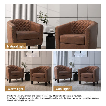 2 chaises d'appoint en cuir végétalien en forme de tonneau, 73,5 cm de large, avec garniture à clous.