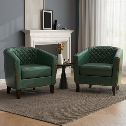 2 chaises d'appoint en cuir végétalien en forme de tonneau, 73,5 cm de large, avec garniture à clous.