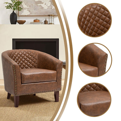 2 chaises d'appoint en cuir végétalien en forme de tonneau, 73,5 cm de large, avec garniture à clous.