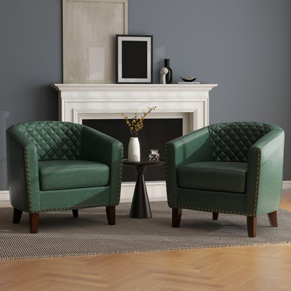 2 chaises d'appoint en cuir végétalien en forme de tonneau, 73,5 cm de large, avec garniture à clous.