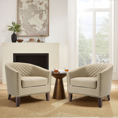 2 chaises d'appoint en cuir végétalien en forme de tonneau, 73,5 cm de large, avec garniture à clous.