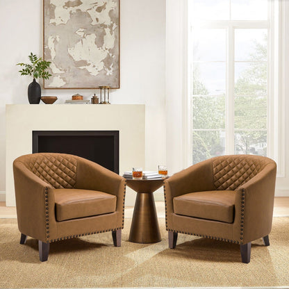 2 chaises d'appoint en cuir végétalien en forme de tonneau, 73,5 cm de large, avec garniture à clous.