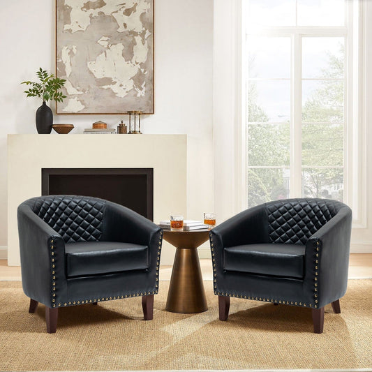 2 chaises d'appoint en cuir végétalien en forme de tonneau, 73,5 cm de large, avec garniture à clous.