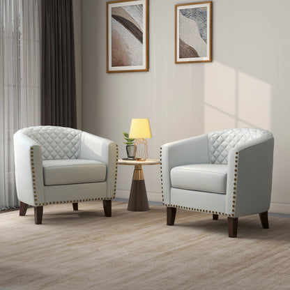2 chaises d'appoint en cuir végétalien en forme de tonneau, 73,5 cm de large, avec garniture à clous.