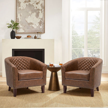 2 chaises d'appoint en cuir végétalien en forme de tonneau, 73,5 cm de large, avec garniture à clous.