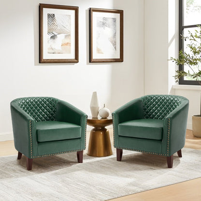 2 chaises d'appoint en cuir végétalien en forme de tonneau, 73,5 cm de large, avec garniture à clous.