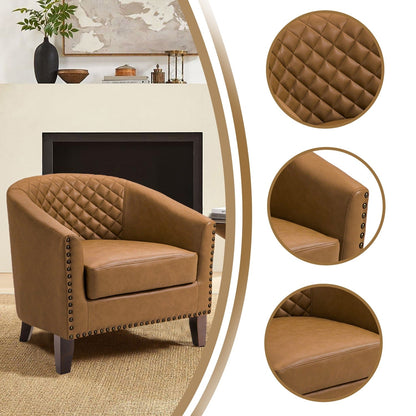 2 chaises d'appoint en cuir végétalien en forme de tonneau, 73,5 cm de large, avec garniture à clous.