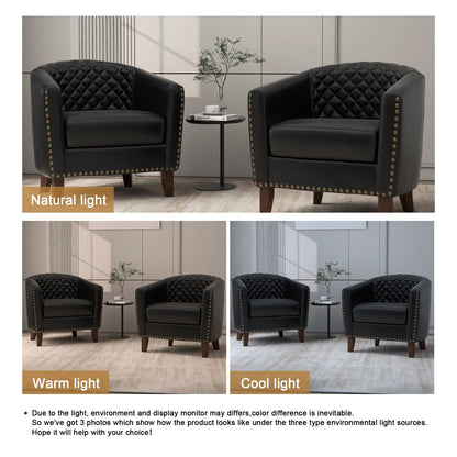 2 chaises d'appoint en cuir végétalien en forme de tonneau, 73,5 cm de large, avec garniture à clous.