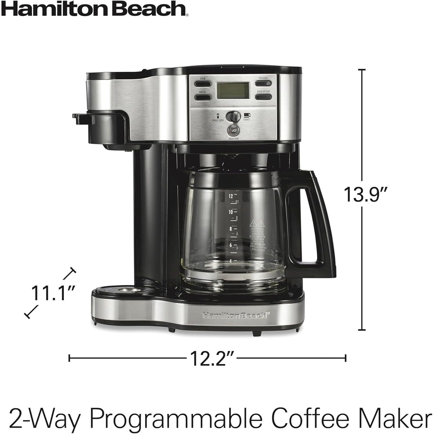 Machine à café 2 en 1, 12 tasses ou portion individuelle, carafe en verre, pause et service automatiques, noir