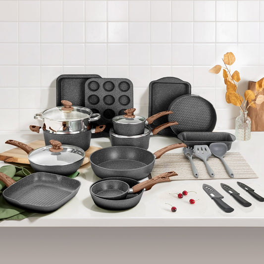 Ensemble de cuisine 30 pièces en granit, comprenant des casseroles et des poêles antiadhésives.