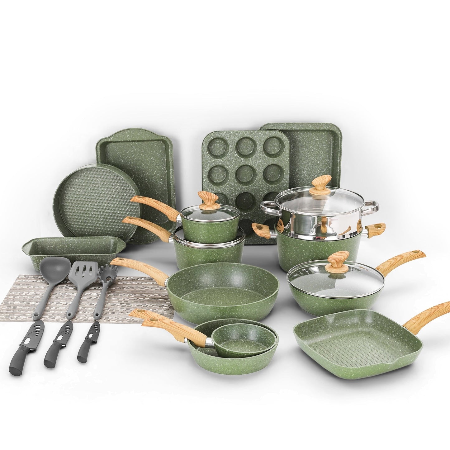 Ensemble de cuisine 30 pièces en granit, comprenant des casseroles et des poêles antiadhésives.