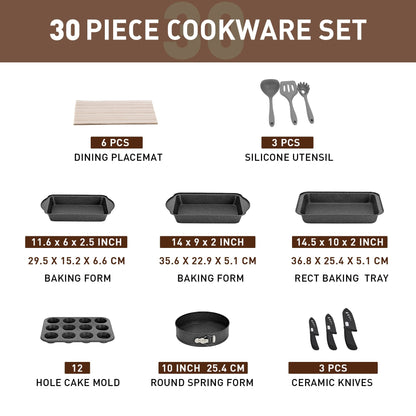 Ensemble de cuisine 30 pièces en granit, comprenant des casseroles et des poêles antiadhésives.