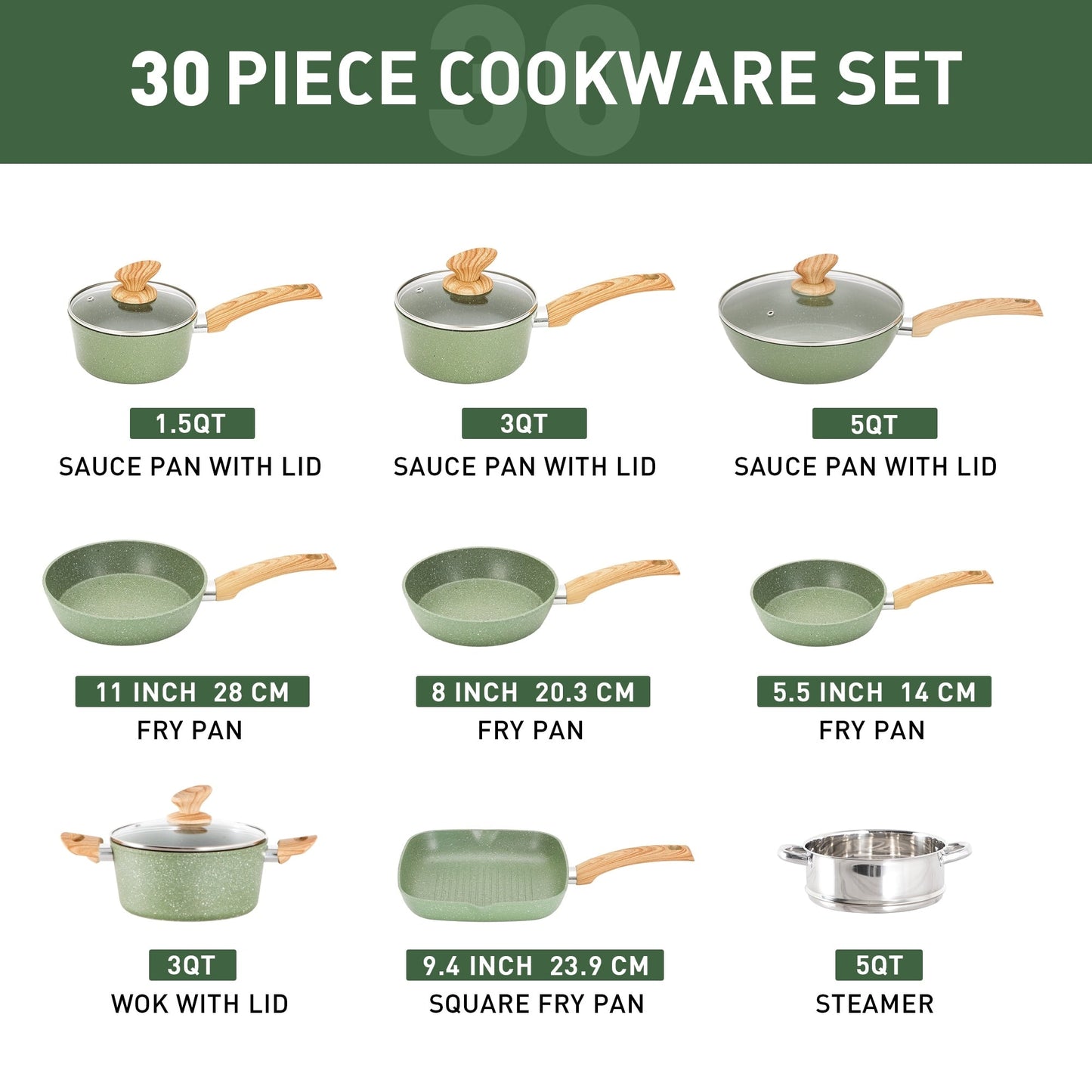 Ensemble de cuisine 30 pièces en granit, comprenant des casseroles et des poêles antiadhésives.