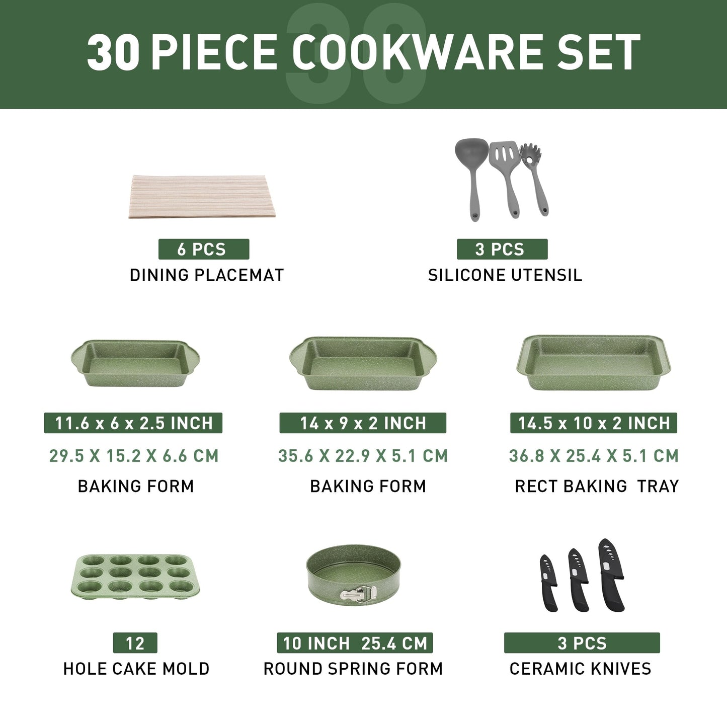 Ensemble de cuisine 30 pièces en granit, comprenant des casseroles et des poêles antiadhésives.