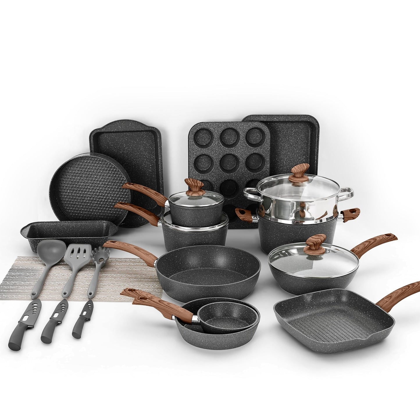 Ensemble de cuisine 30 pièces en granit, comprenant des casseroles et des poêles antiadhésives.