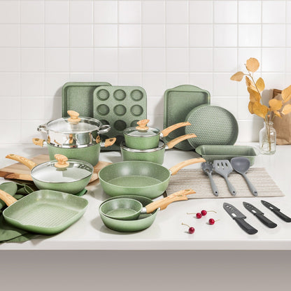 Ensemble de cuisine 30 pièces en granit, comprenant des casseroles et des poêles antiadhésives.