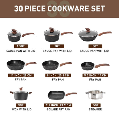Ensemble de cuisine 30 pièces en granit, comprenant des casseroles et des poêles antiadhésives.