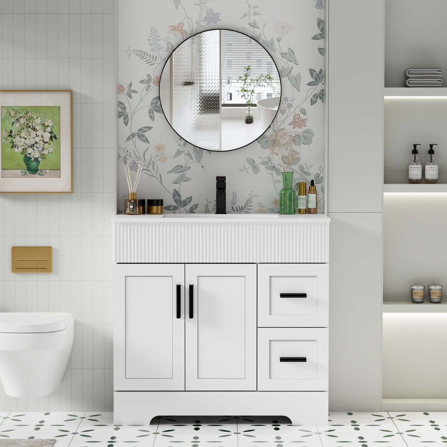 Ensemble de meuble-lavabo ondulé pour salle de bain, 30/36/48 pouces, avec lavabo et robinet.