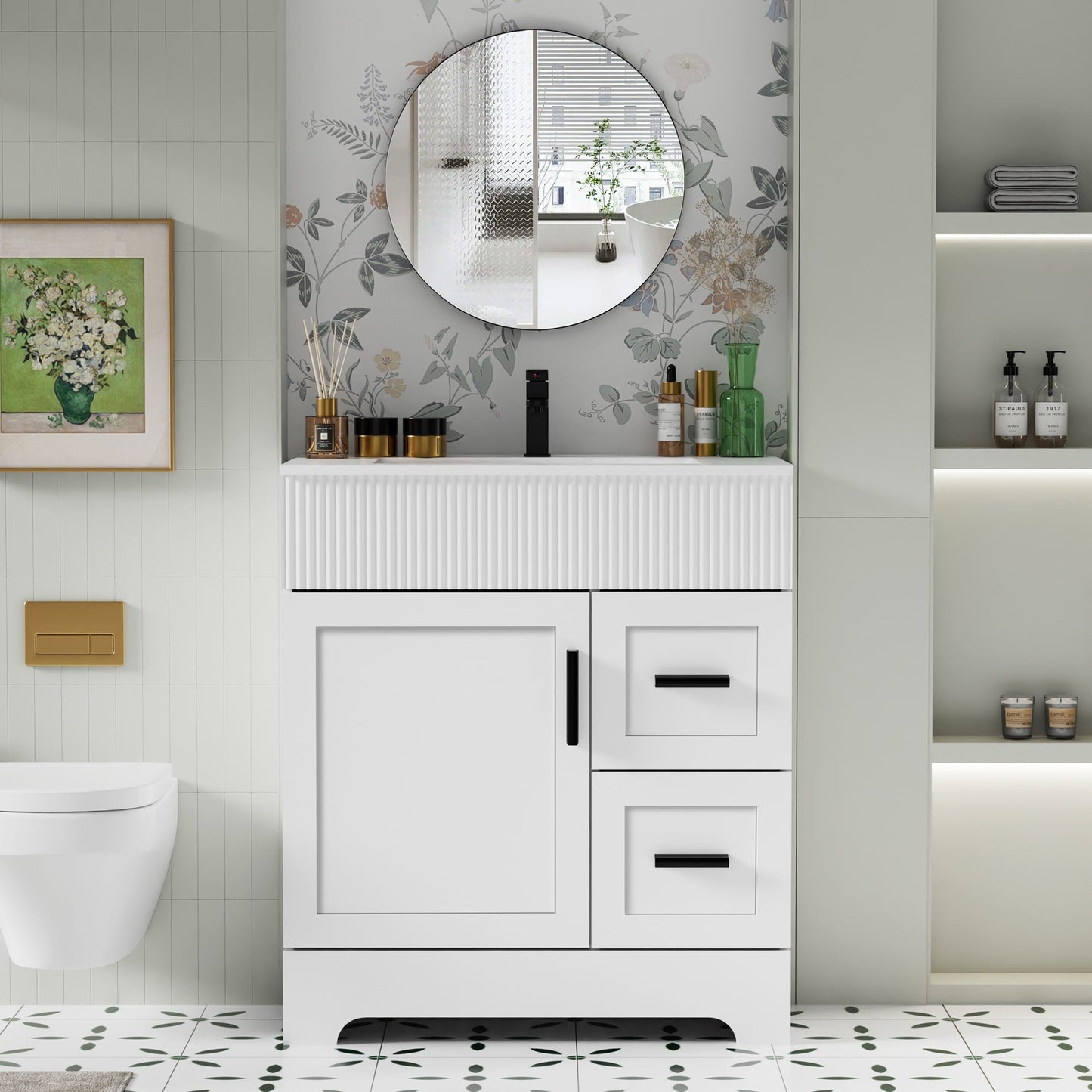 Ensemble de meuble-lavabo ondulé pour salle de bain, 30/36/48 pouces, avec lavabo et robinet.
