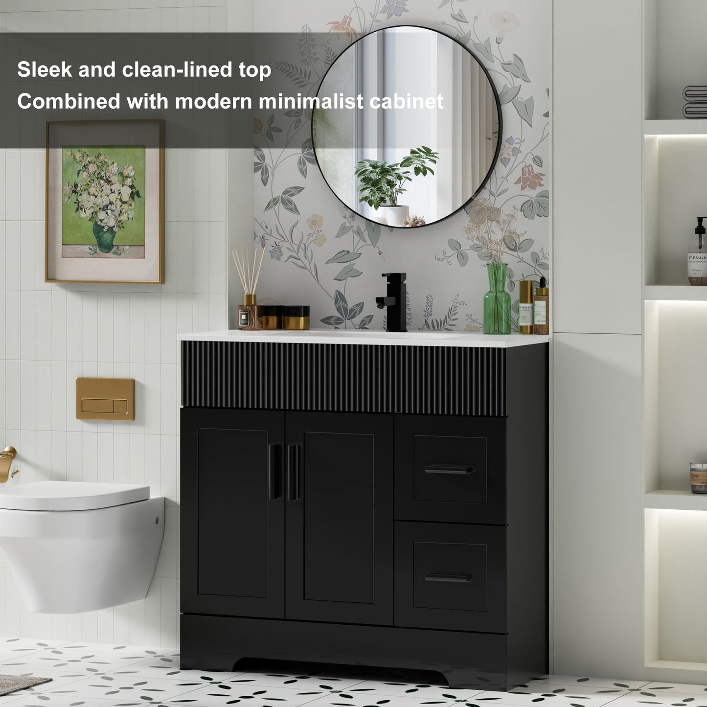 Ensemble de meuble-lavabo ondulé pour salle de bain, 30/36/48 pouces, avec lavabo et robinet.