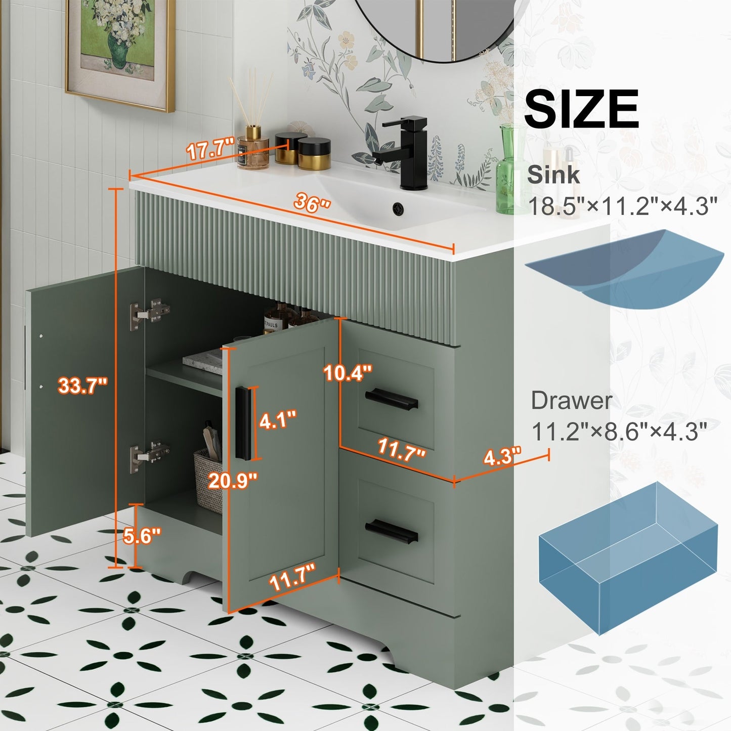 Ensemble de meuble-lavabo ondulé pour salle de bain, 30/36/48 pouces, avec lavabo et robinet.