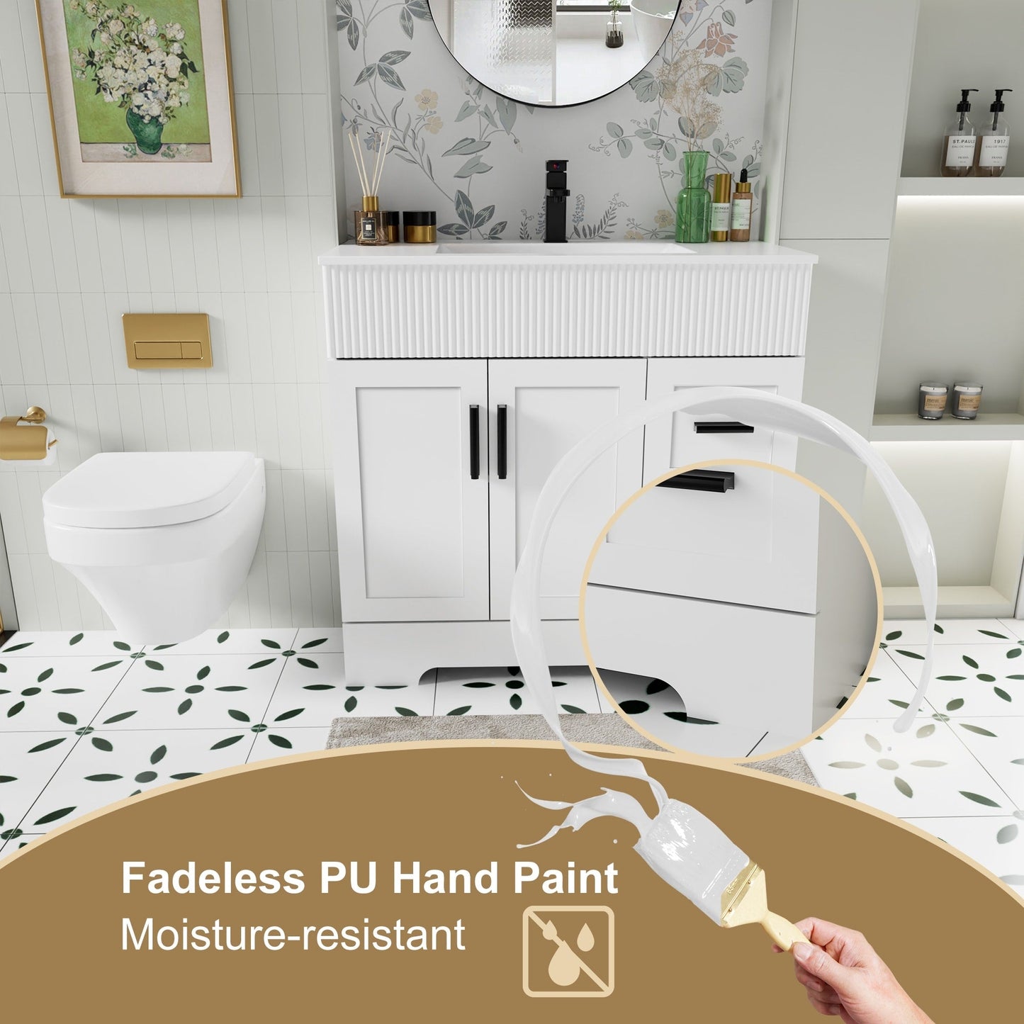 Ensemble de meuble-lavabo ondulé pour salle de bain, 30/36/48 pouces, avec lavabo et robinet.