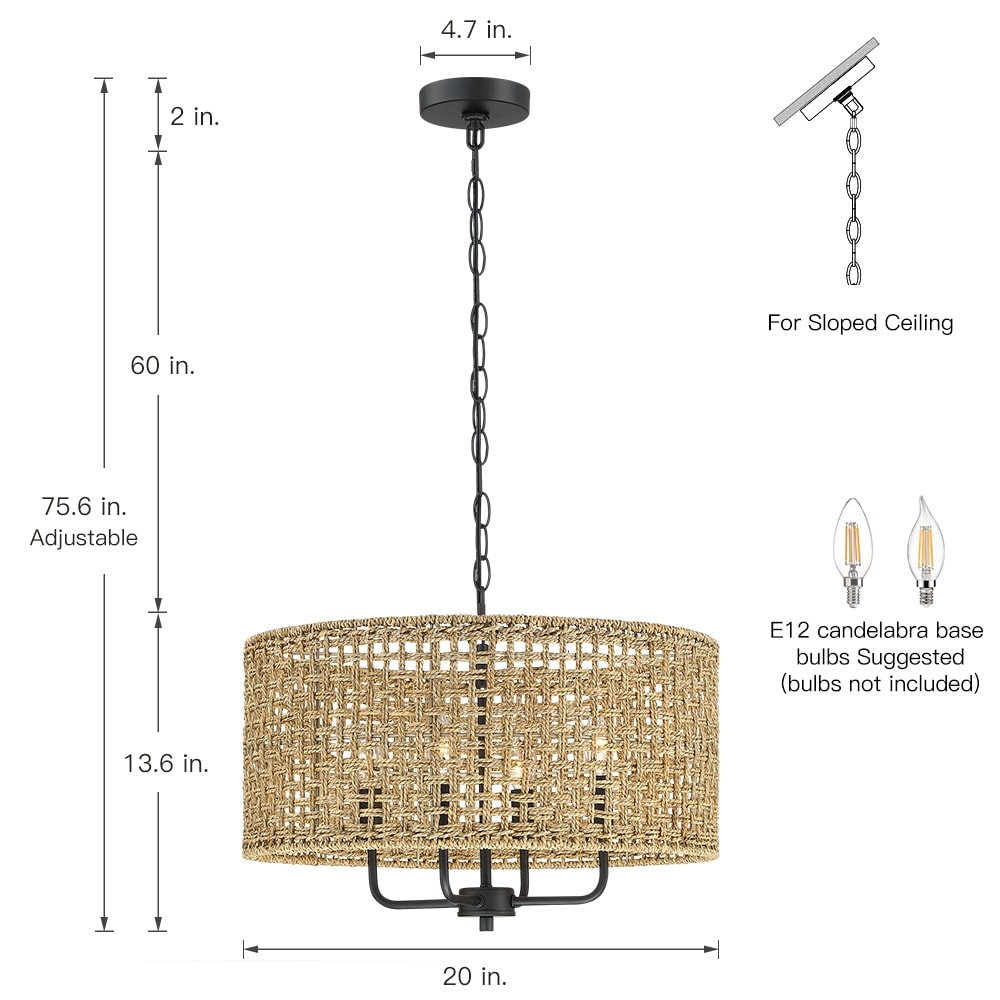 Luminaire à 4 lumières en forme de tambour bohémien tissé à la main - Paille - 50,8 cm de largeur