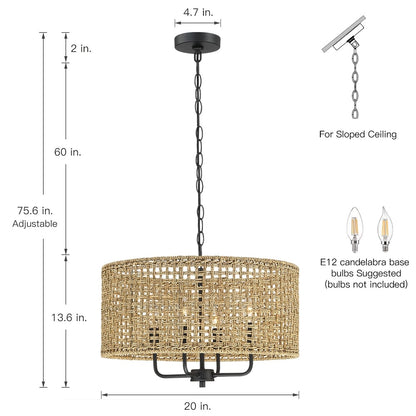 Luminaire à 4 lumières en forme de tambour bohémien tissé à la main - Paille - 50,8 cm de largeur