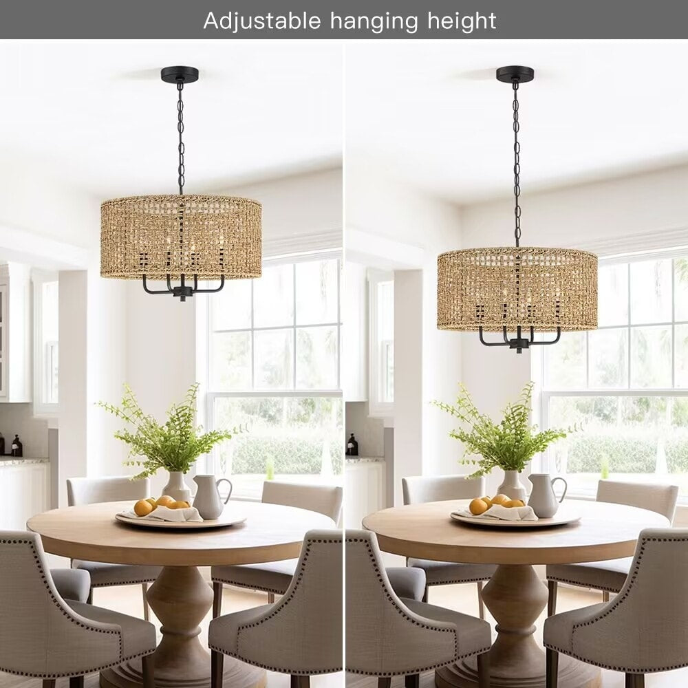 Luminaire à 4 lumières en forme de tambour bohémien tissé à la main - Paille - 50,8 cm de largeur
