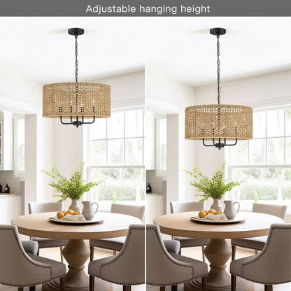 Luminaire à 4 lumières en forme de tambour bohémien tissé à la main - Paille - 50,8 cm de largeur
