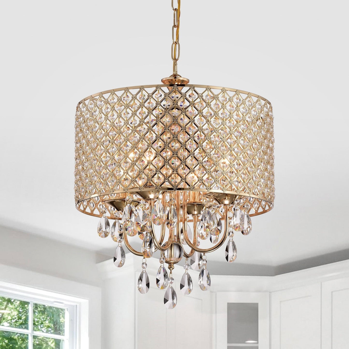 Suspension tambour ronde perlée avec cristaux suspendus